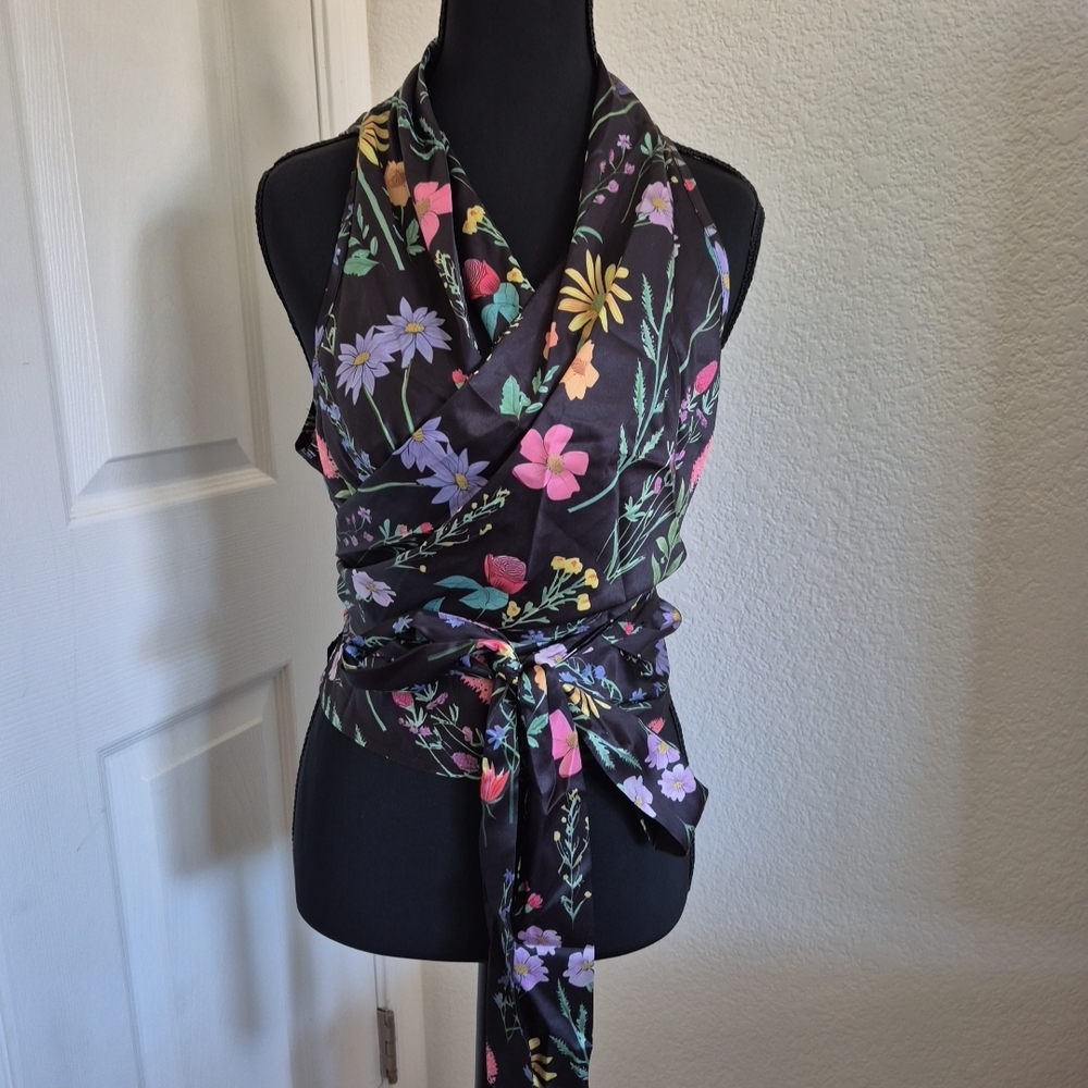 SHEIN Black and Pink Floral Wrap Top